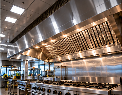 Spotless stainless steel commercial kitchen with exhaust hoods