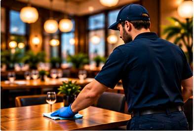 EAA Services technician in a branded uniform wiping a dining table in a Calgary restaurant