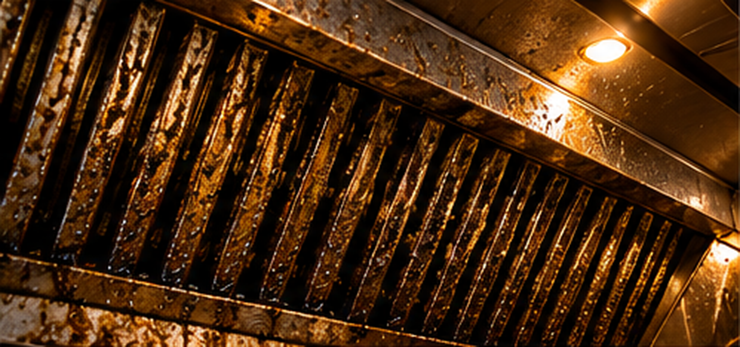Grease-coated kitchen exhaust hood filters before cleaning