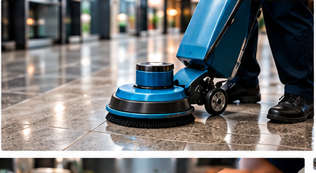Technician scrubbing a restaurant floor with a commercial floor machine