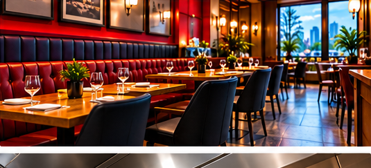 Restaurant dining area with red booths and set tables ready for service