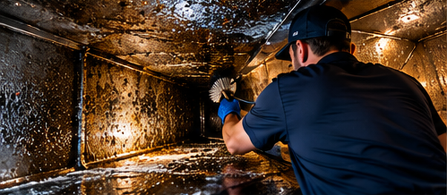 EAA Services technician degreasing a commercial kitchen exhaust hood