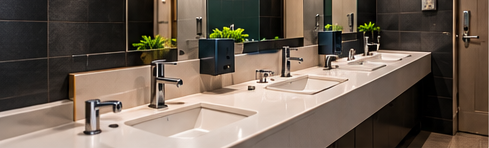 Sanitized restaurant washroom with clean sinks and fixtures