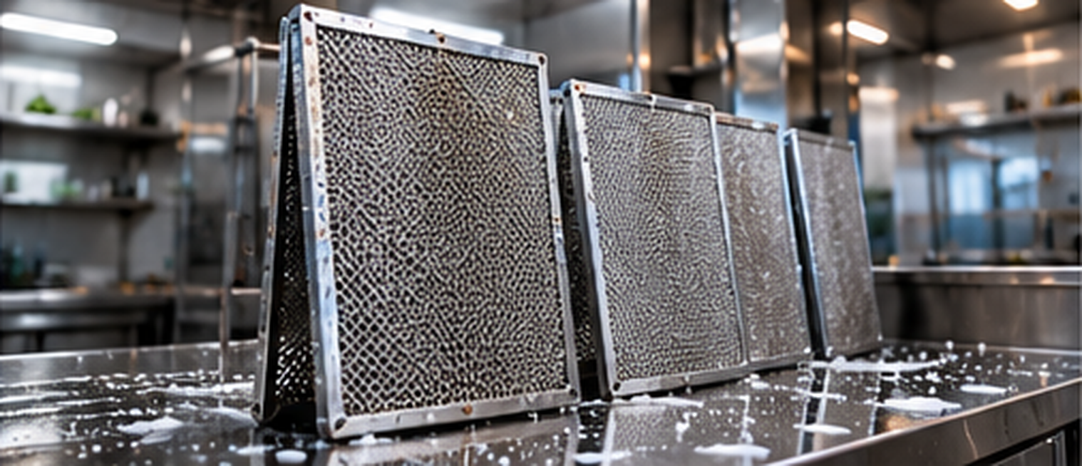 Stainless steel baffle grease filters in a hood
