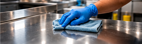 Gloved hand deep cleaning a stainless steel kitchen surface