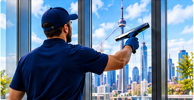 EAA technician cleaning a commercial window with the Toronto skyline behind