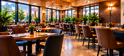 Clean restaurant dining room with set tables, plants and large windows