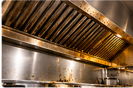 Grease-covered kitchen exhaust hood before cleaning