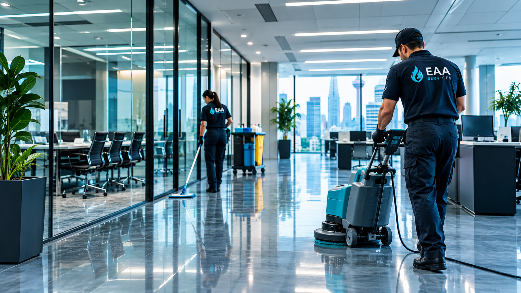 Commercial cleaner in a bright office space