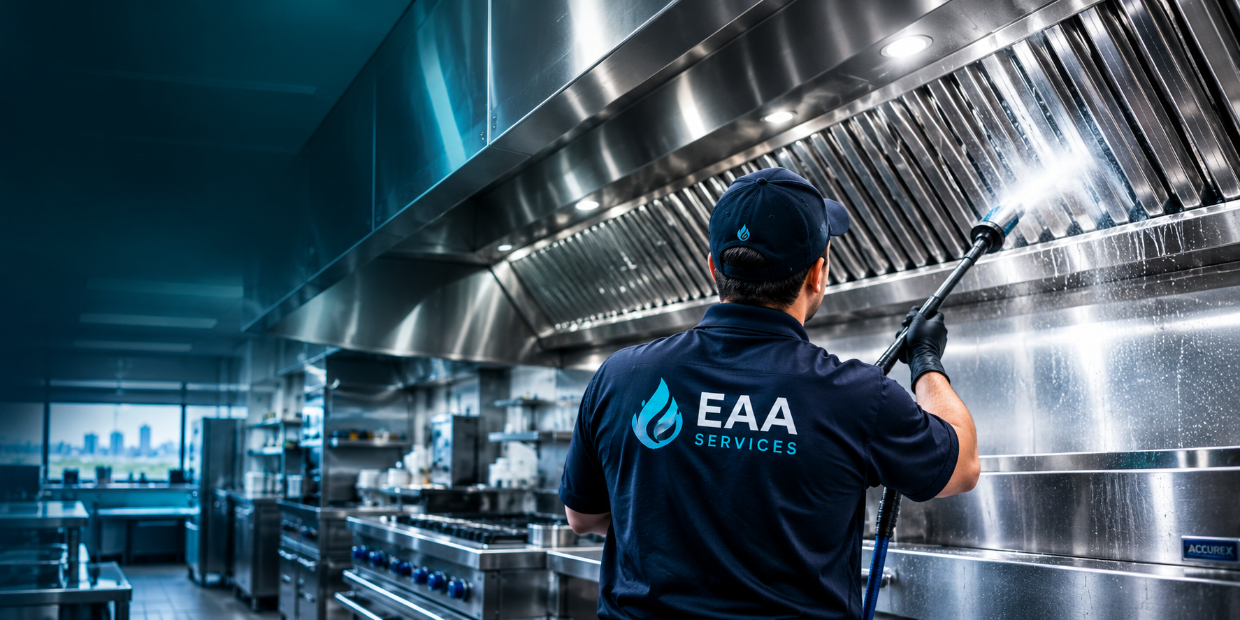 Pressure washing a kitchen exhaust hood