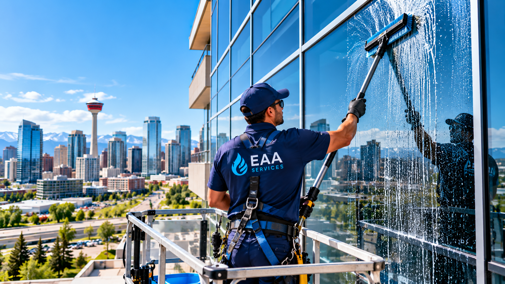 Technician cleaning exterior glass on a commercial building