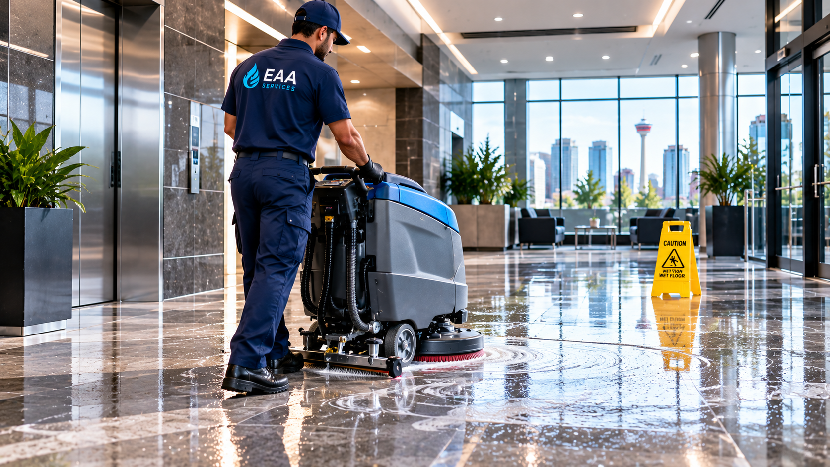 Auto-scrubber cleaning a commercial floor