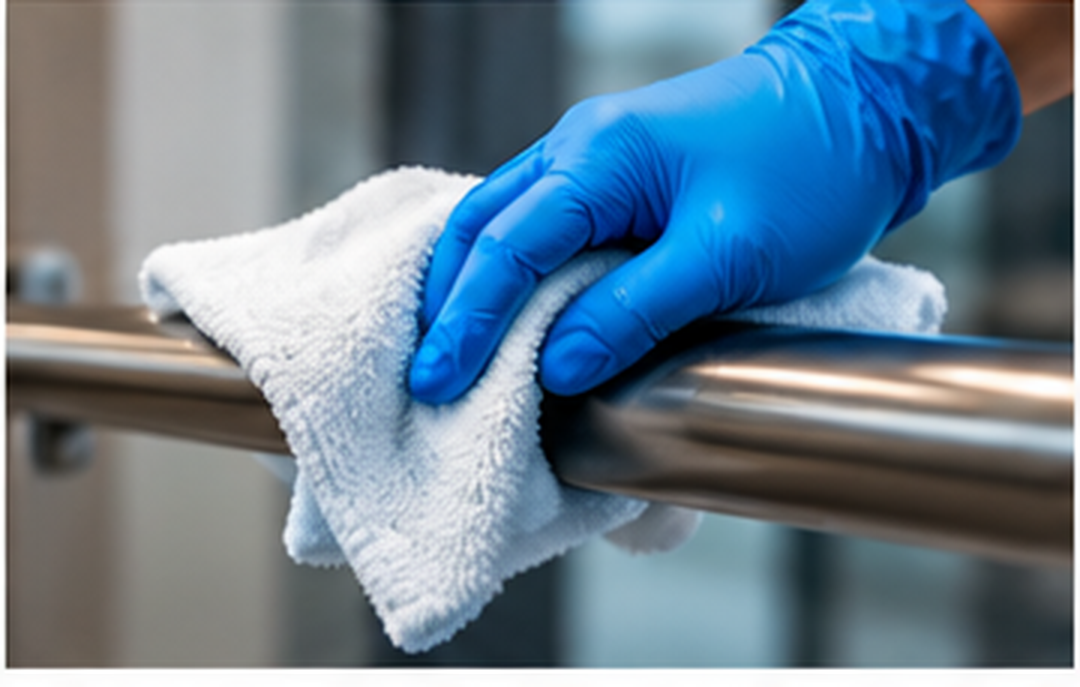 Gloved hand disinfecting an office door handle