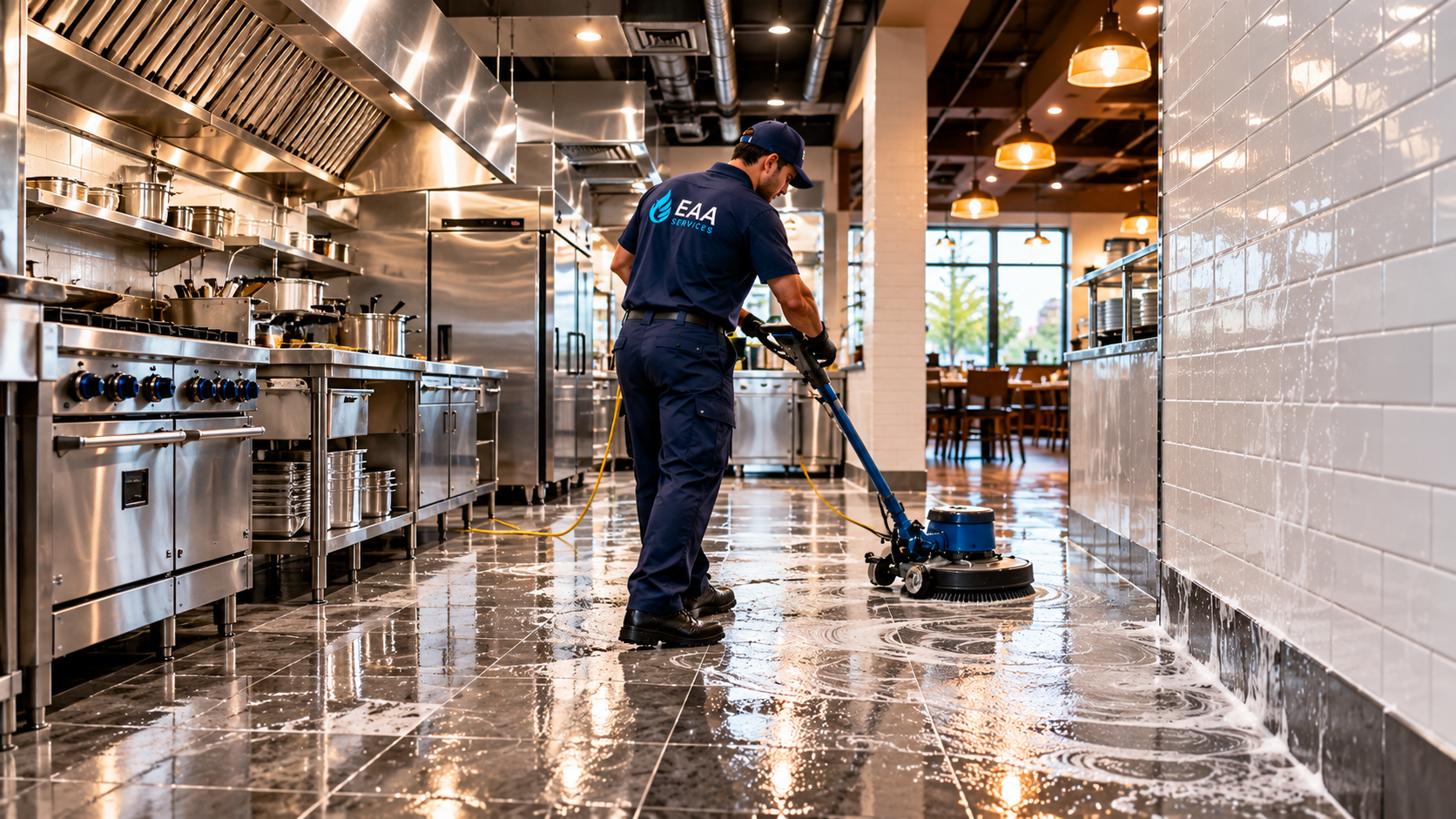 Spotless commercial restaurant kitchen line