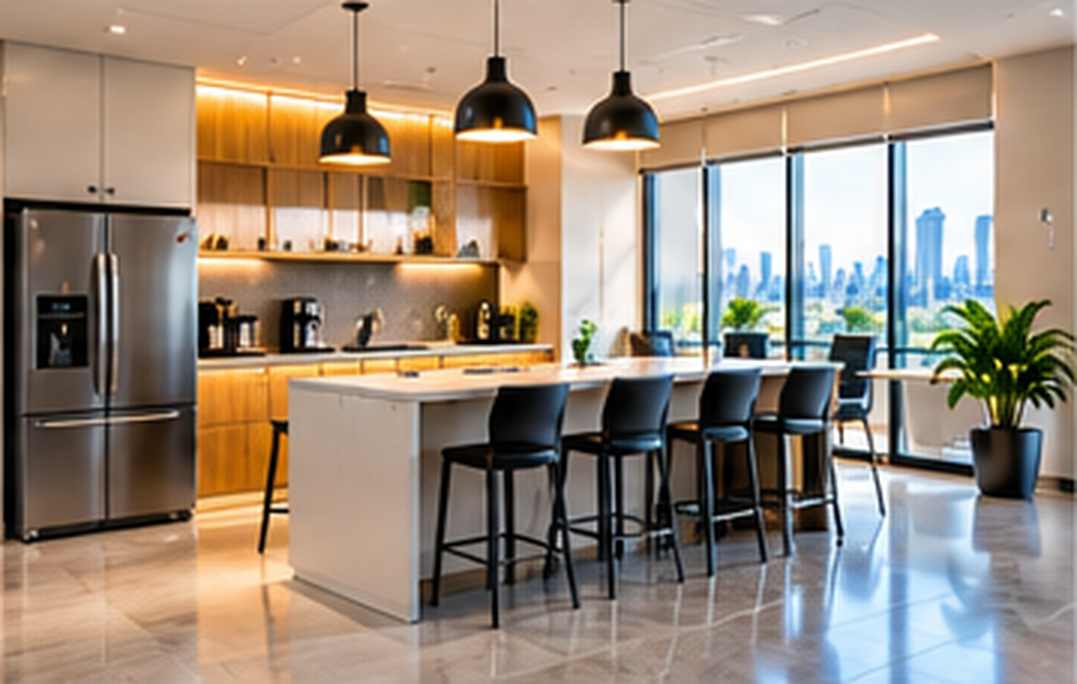 Clean office breakroom with kitchen counters and seating
