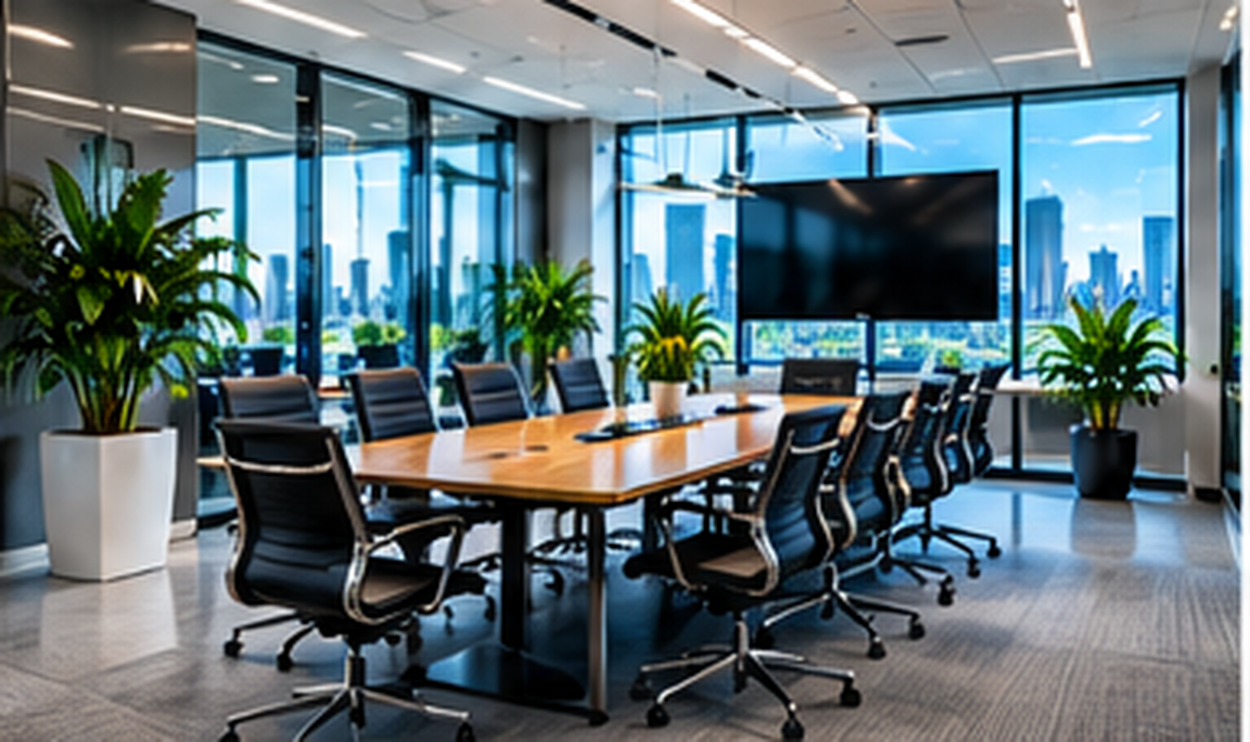 Clean conference room with boardroom table and chairs