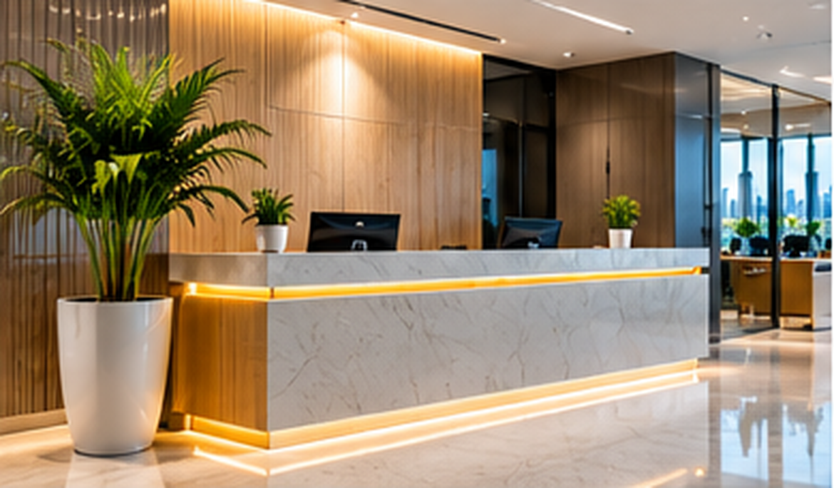 Spotless office reception desk and lobby
