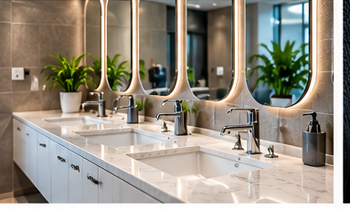 Sanitized office washroom with clean sinks and mirrors