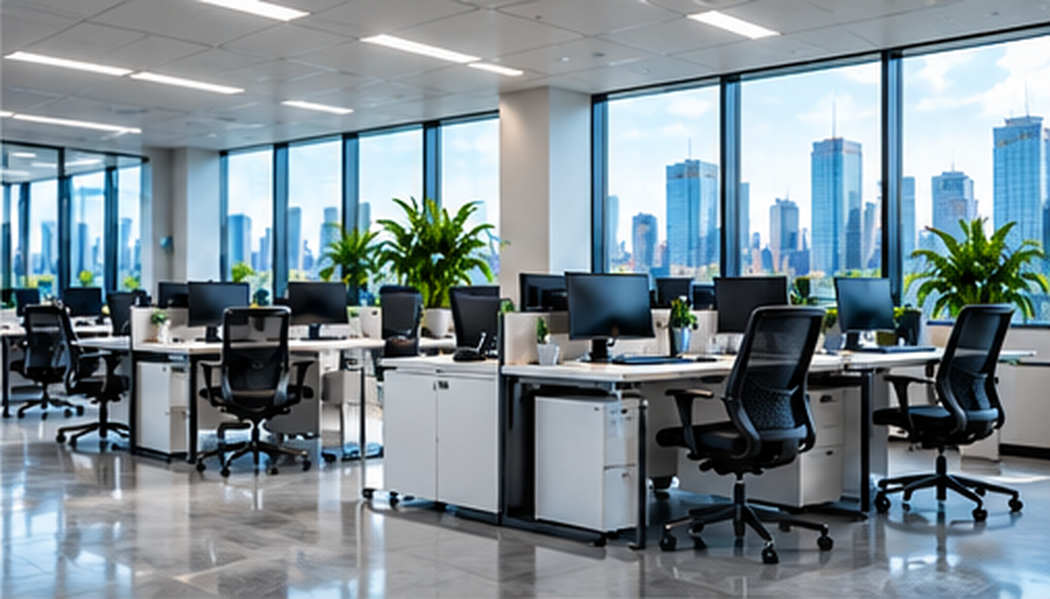 Clean open-plan office workstations with city views