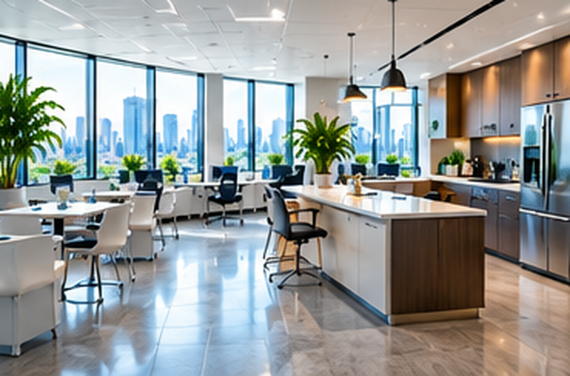 Bright open-plan office with plants and clean desks
